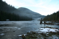 frozen lake in mist 